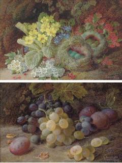 Vincent Clare - Primroses, apple-blossom and a bird\'s nest on a mossy bank; and Grapes and plums on a mossy bank
