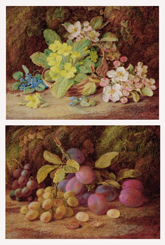 Vincent Clare - Primroses, apple blossom, and  a wicker basket, on a mossy bank; and Plums and grapes on a mossy bank