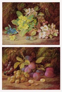 Vincent Clare - Primroses, apple blossom, and  a wicker basket, on a mossy bank; and Plums and grapes on a mossy bank