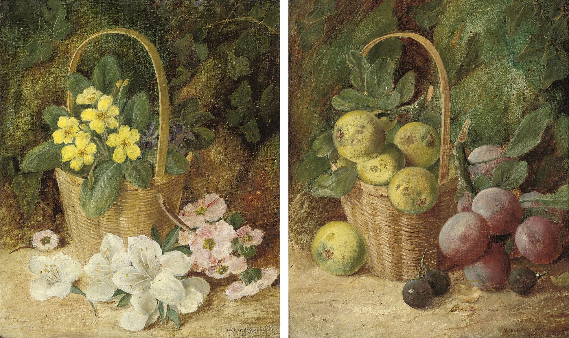 Vincent Clare - Primroses in a basket on a mossy bank; and Greengages in a basket, plums and damsons on a mossy bank
