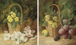 Vincent Clare - Primroses in a basket on a mossy bank; and Greengages in a basket, plums and damsons on a mossy bank