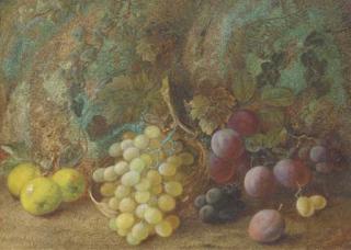 Vincent Clare - Still Life of Apples, Plums And Grapes In A Basket On A Mossy Bank
