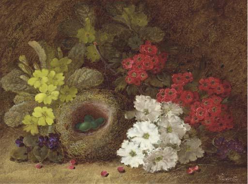 Vincent Clare - Still life of primroses, primulas, pansies, a bird\'s nest and eggs on a mossy bank