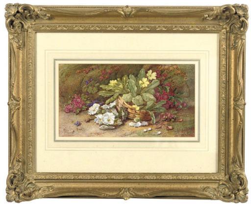 Vincent Clare - Yellow primroses, white nasturtiums and other flowers in a basket on a mossy bank