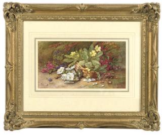 Vincent Clare - Yellow primroses, white nasturtiums and other flowers in a basket on a mossy bank