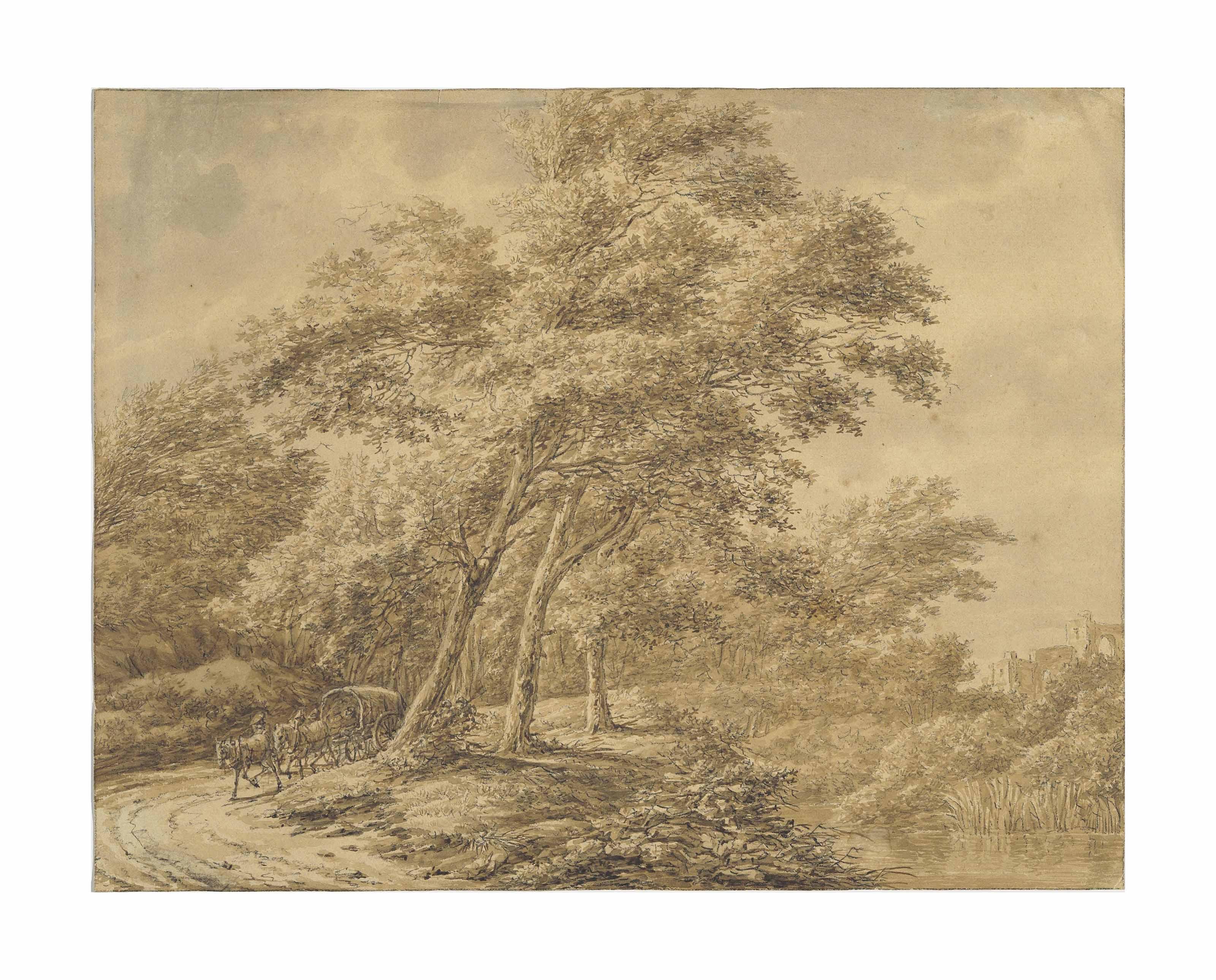 Vincent Jansz. Van Der Vinne - A Wooded Landscape With A Horse Cart On The Left And A Ruin In The Background