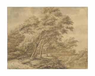 Vincent Jansz. Van Der Vinne - A Wooded Landscape With A Horse Cart On The Left And A Ruin In The Background