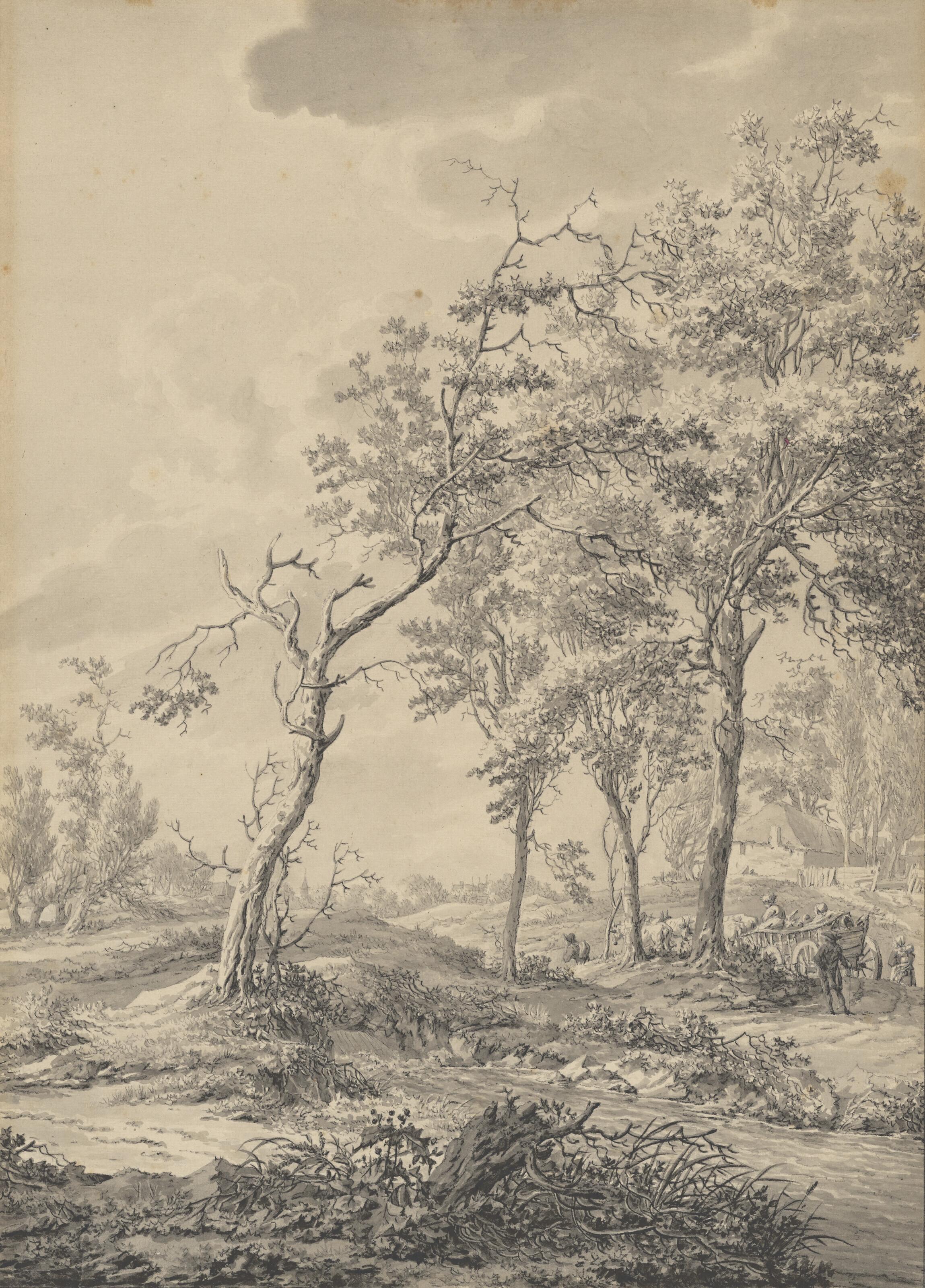 Vincent Jansz. Van Der Vinne - Paysage arboré avec paysans et charrette