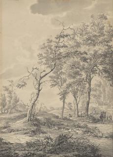 Vincent Jansz. Van Der Vinne - Paysage arboré avec paysans et charrette