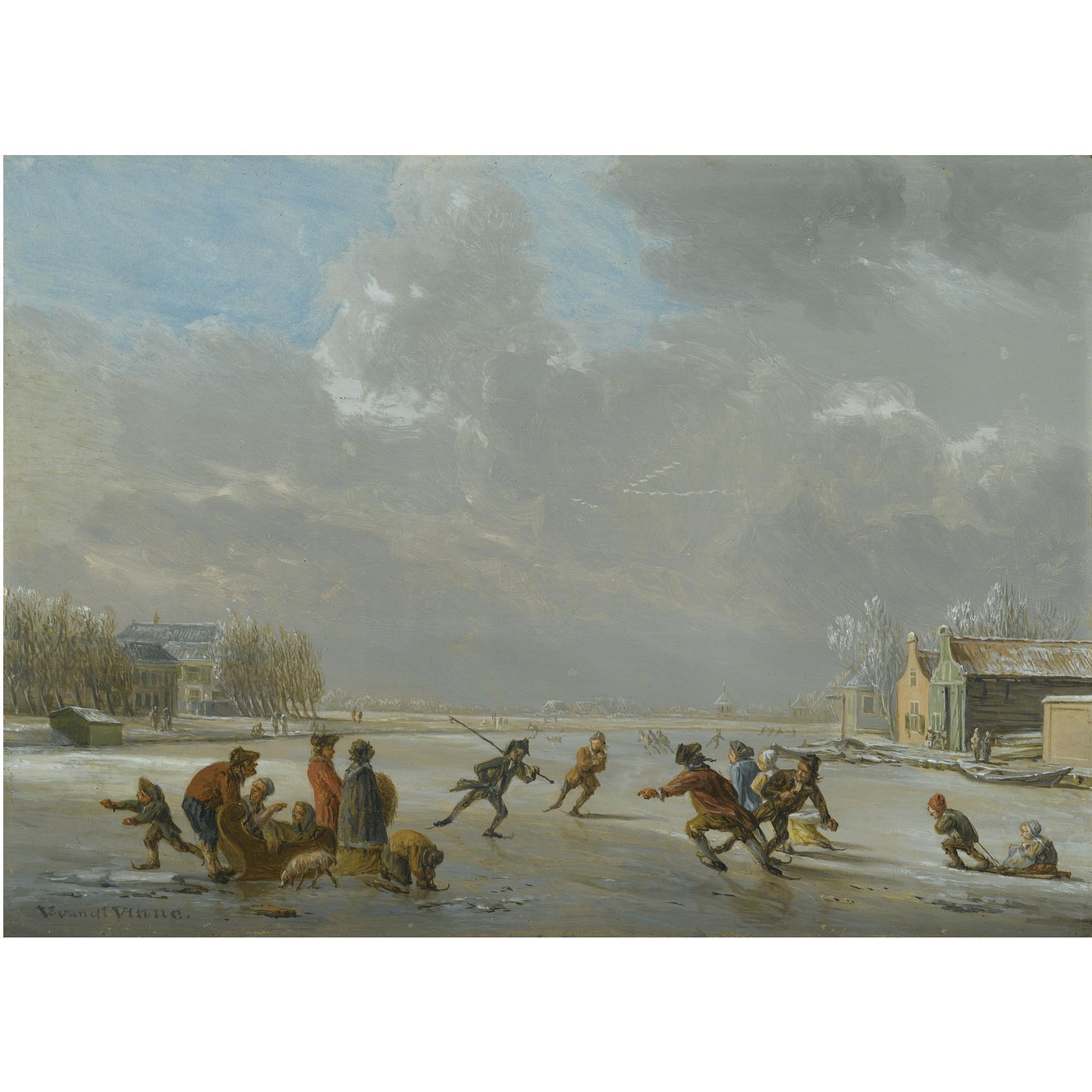 Vincent Jansz. Van Der Vinne - Winter Landscape With Skaters On A Frozen Lake