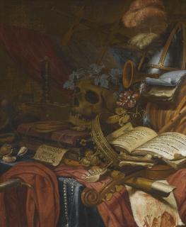 Vincent Laurensz. Van Der Vinne I - A Vanitas Still Life With A Flute, A Skull, Music Sheets, A Gold Crown, A Dagger, Shells And Other Objects, All Arranged On A Partly Draped Table