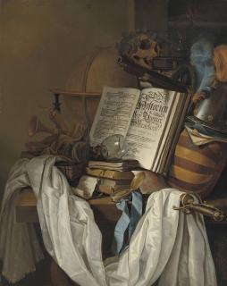 Vincent Laurensz. Van Der Vinne - A Globe, Instruments, Books, A Broken Upturned Roemer, A Skull And Weapons On A Partially Draped Table