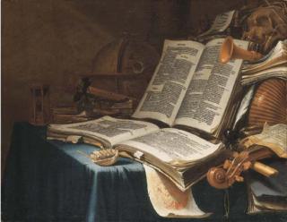 Vincent Laurensz. Van Der Vinne - A vanitas still life with a globe, a hourglass, a rose, a skull, musical instruments, papers and books on a draped table