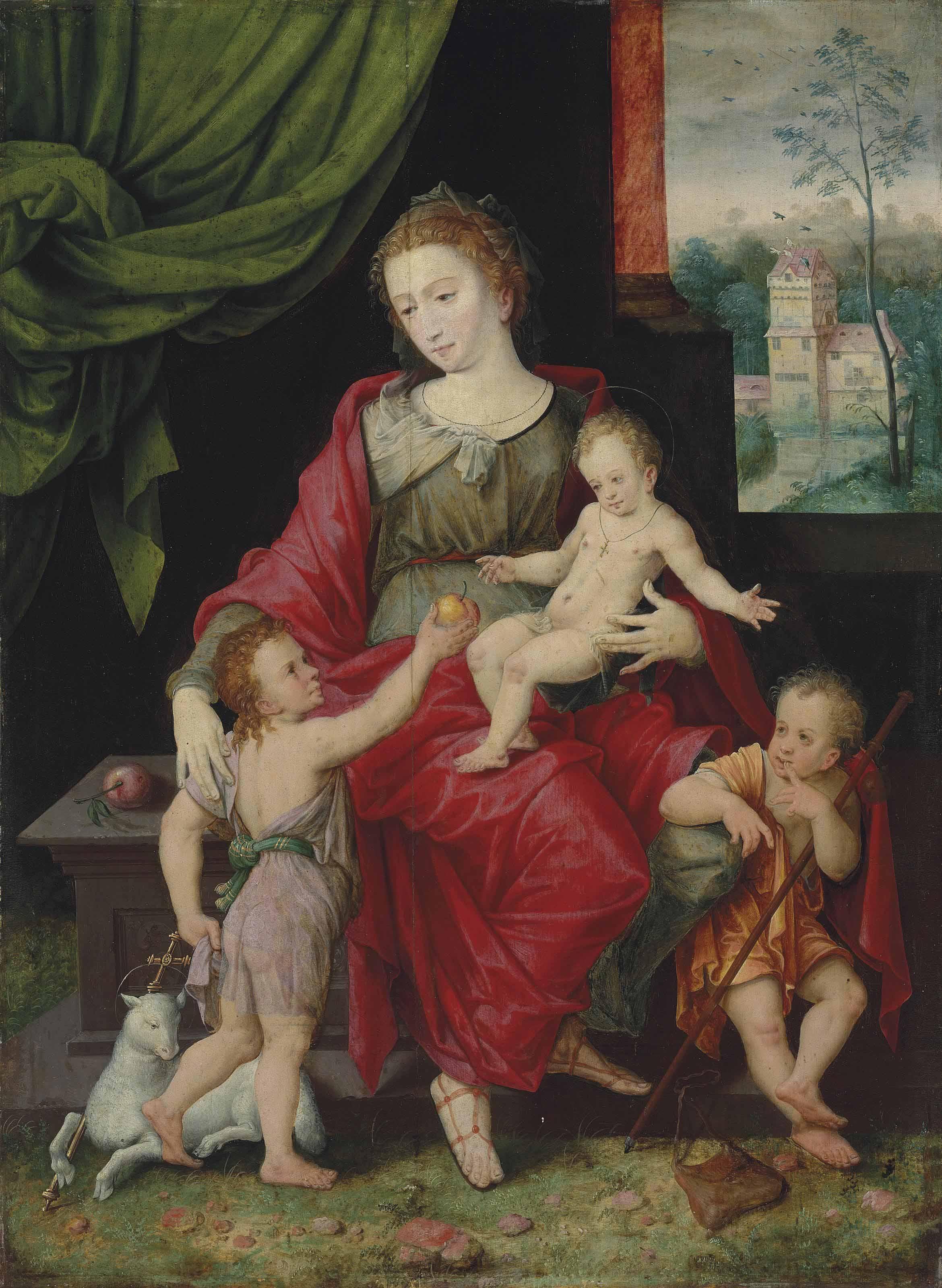 Vincent Sellaer - The Virgin and Child with the Infants Saint John the Baptist and James, before a draped curtain, a landscape beyond