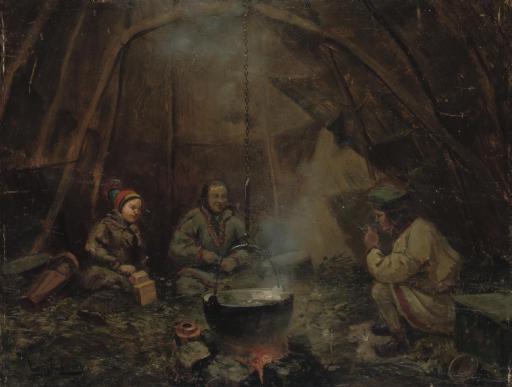 Vincent Stoltenberg Lerche - A Lapp family cooking dinner in a goahti, Lapland