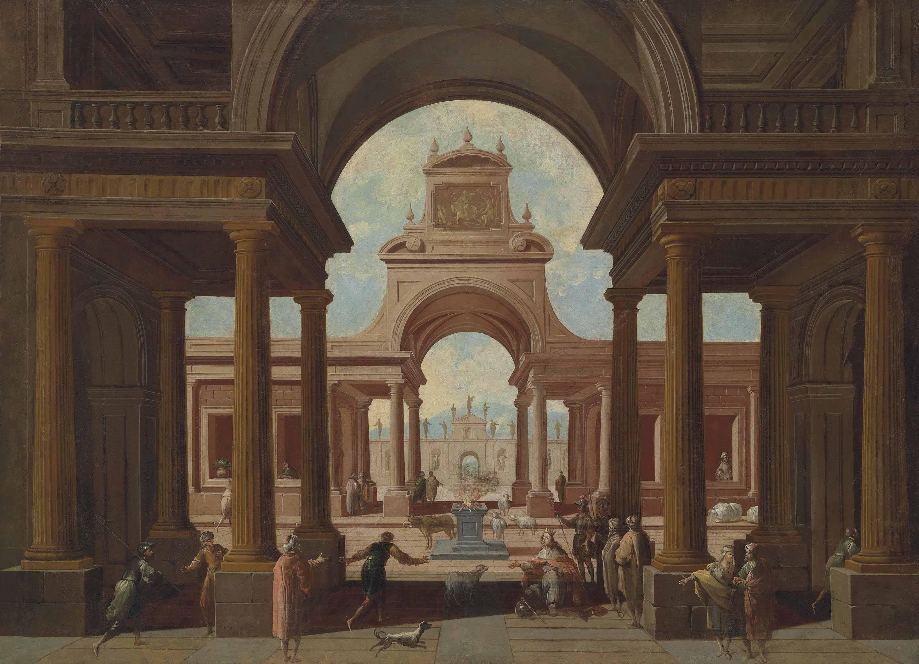 Vincente Giner - An architectural capriccio with a king kneeling and other figures conversing in the foreground before a pagan sacrifice with animals