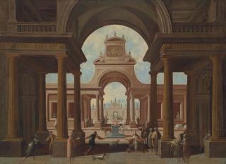 Vincente Giner - An architectural capriccio with a king kneeling and other figures conversing in the foreground before a pagan sacrifice with animals