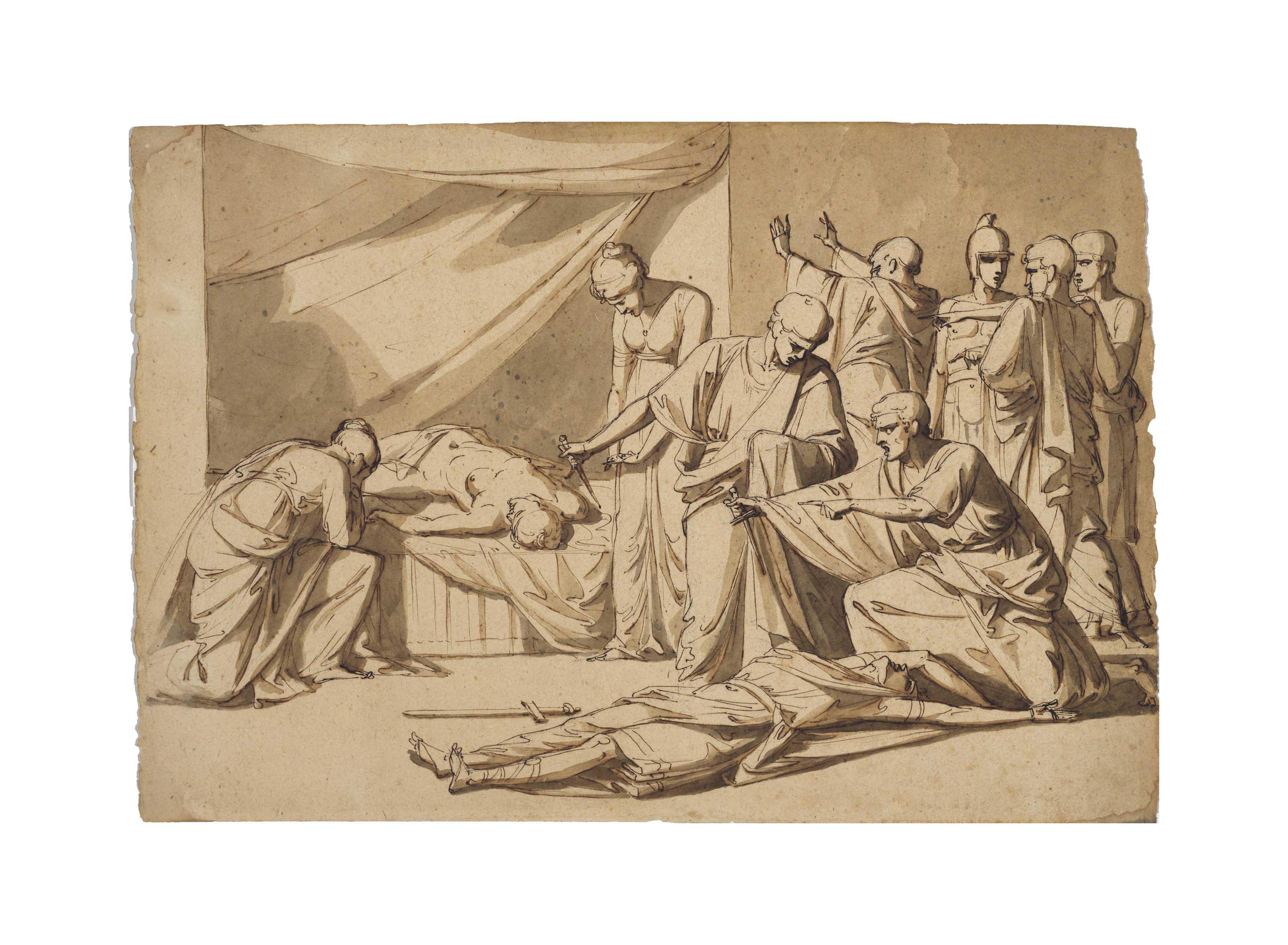 Vincenzo Camuccini - Roman senators and women mourning a dead couple, soldiers arresting the murderers to the right
