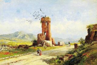 Vincenzo Canino - Paesaggio con strada e viandanti