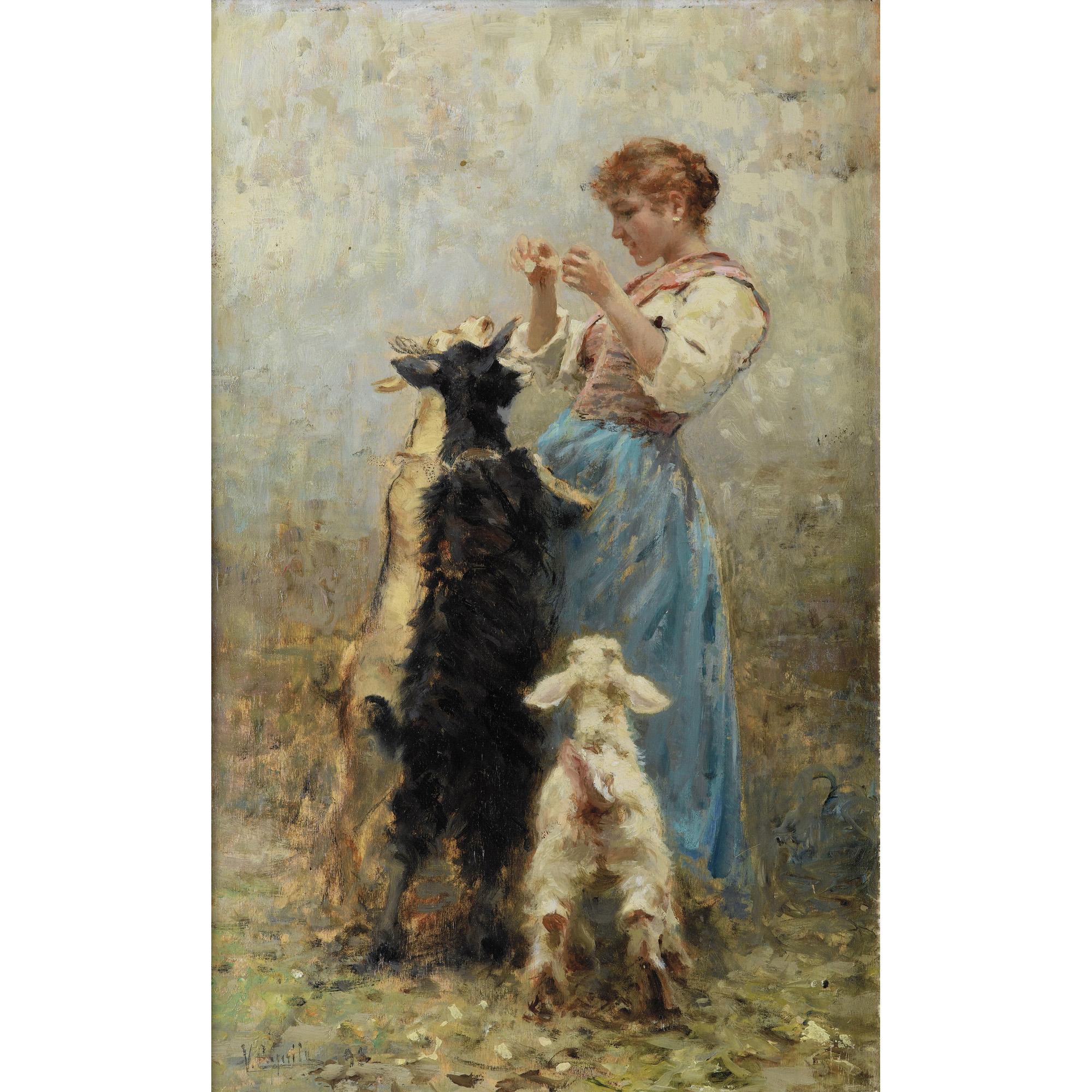 Vincenzo Caprile - Jeune Fille Nourrissant Des Chèvresvincenzo Caprile ; Young Woman Feeding Goats ; Signed And Dated Lower Left \'93