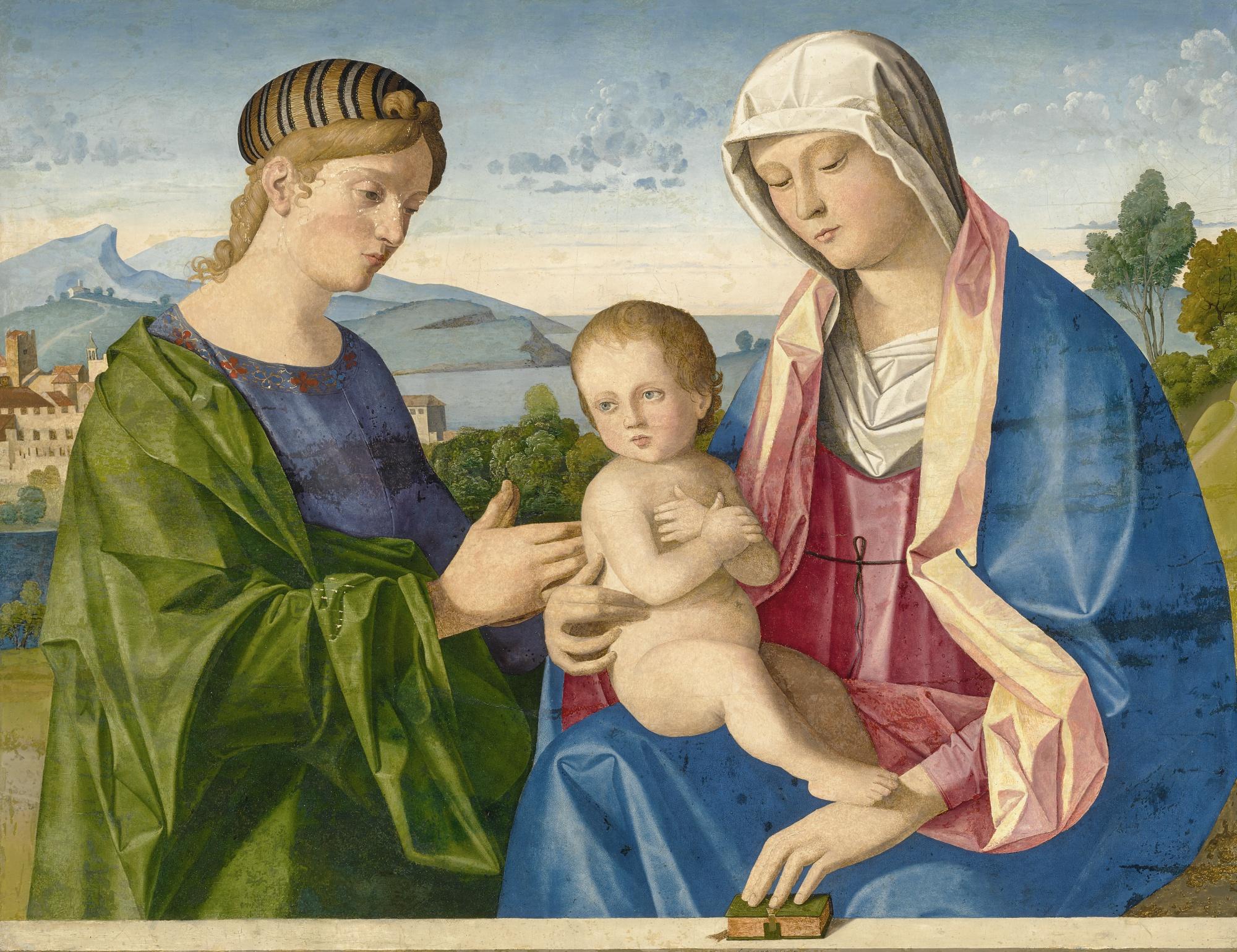 Vincenzo Catena - The Madonna And Child With A Female Saint Before A Parapet, A Landscape Beyond