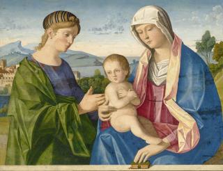 Vincenzo Catena - The Madonna And Child With A Female Saint Before A Parapet, A Landscape Beyond