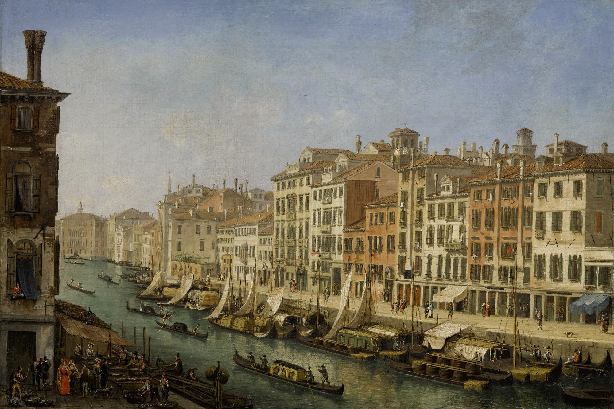 Vincenzo Chilone - Venice, A View Along A Canal With Gondolas And Figures At A Fish Market