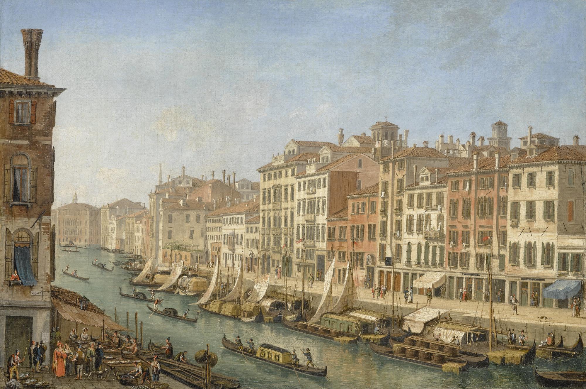 Vincenzo Chilone - Venice, View Along A Canal With Gondolas And Figures At A Fish Market