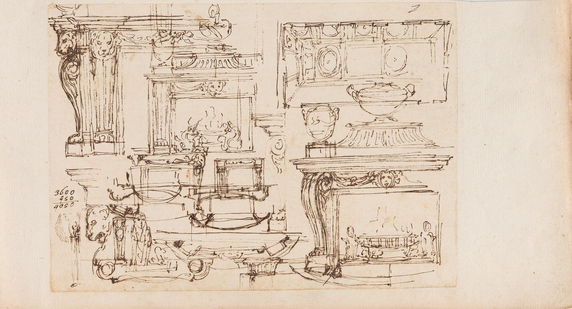 Vincenzo Dandini - 2 Bll.: Entwurf für eine Deckendekoration – Kamineinfassungen