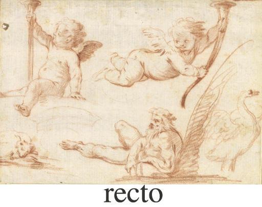 Vincenzo Dandini - Two putti with trumpets, a river god, a mute swan and a sleeping dog (recto), A nymph scattering petals (verso)