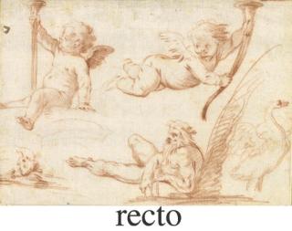 Vincenzo Dandini - Two putti with trumpets, a river god, a mute swan and a sleeping dog (recto), A nymph scattering petals (verso)