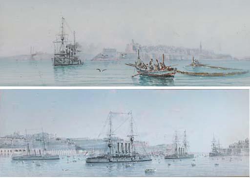 Vincenzo D\'Esposito - A squadron of cruisers lying in Grand Harbour, Valetta; and A cruiser departing from Malta