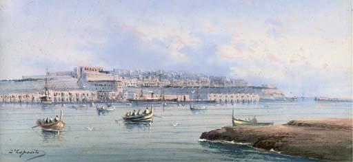 Vincenzo d\'Esposito - Fishing vessels in the harbour at Valetta (illustrated); A Maltese fishing craft; and A view of the harbour at Valetta