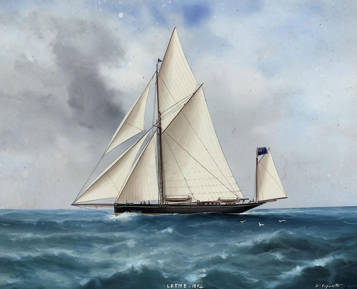 Vincenzo d\'Esposito - The racing yawl Lethe under full canvas (illustrated); and The racing yawl Lethe under reduced sail