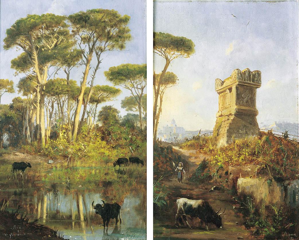 Vincenzo Giovannini - Bufali nella Campagna Romana, 1883 Paesaggio con Roma sullo sfondo, 1883