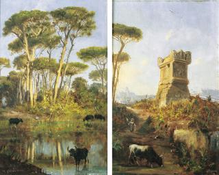 Vincenzo Giovannini - Bufali nella Campagna Romana, 1883 Paesaggio con Roma sullo sfondo, 1883