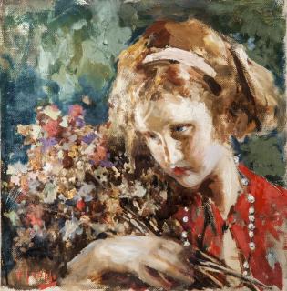 Vincenzo Irolli - Girl in Red with Flowers and Pearls