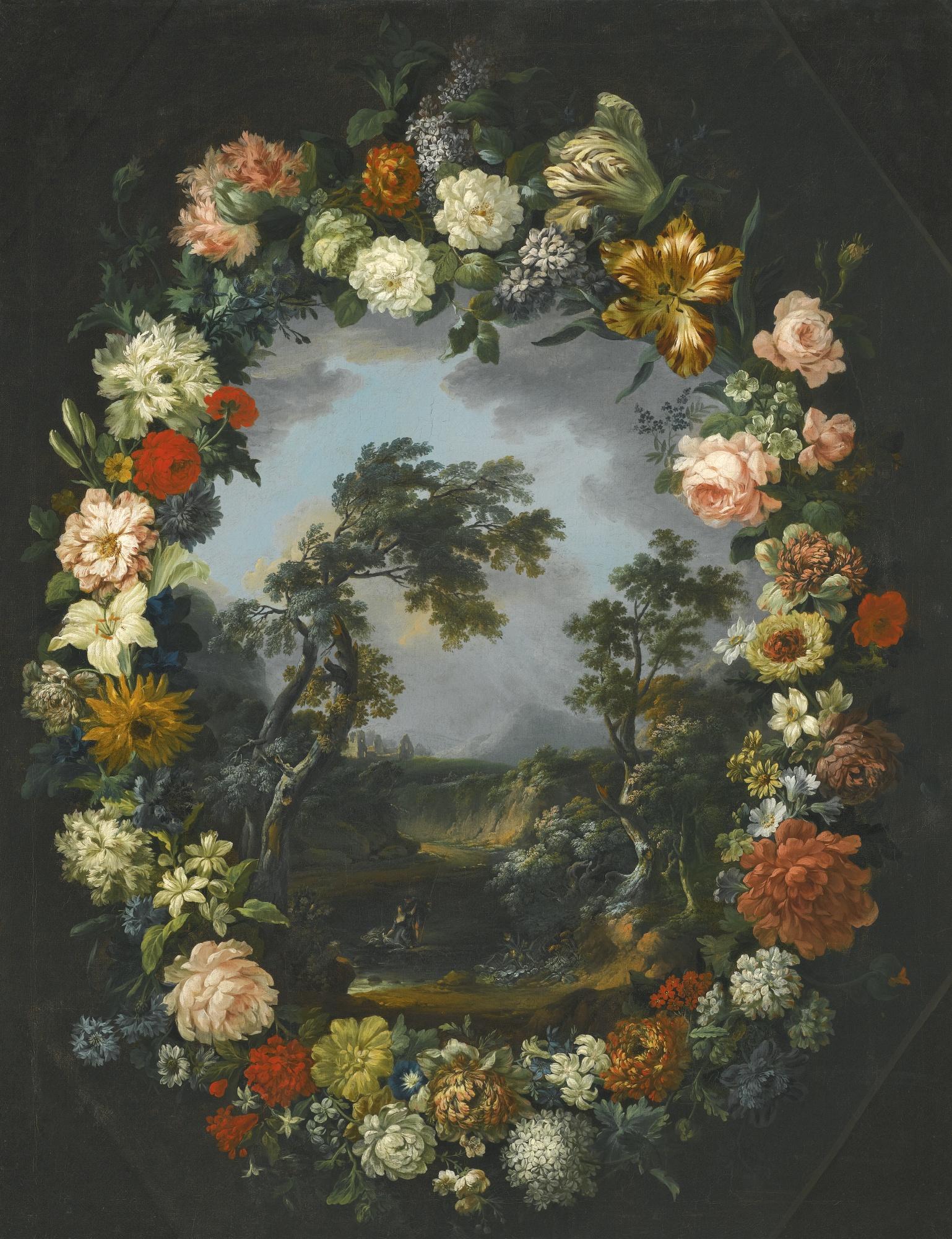 Vincenzo Martinelli - A Floral Garland Surrounding A River Landscape
