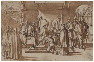 Vincenzo Tamagni - A Young Boy Kneeling In Front Of Two Bishops, Several Noblemen And Clerics, A Building Under Construction Behind