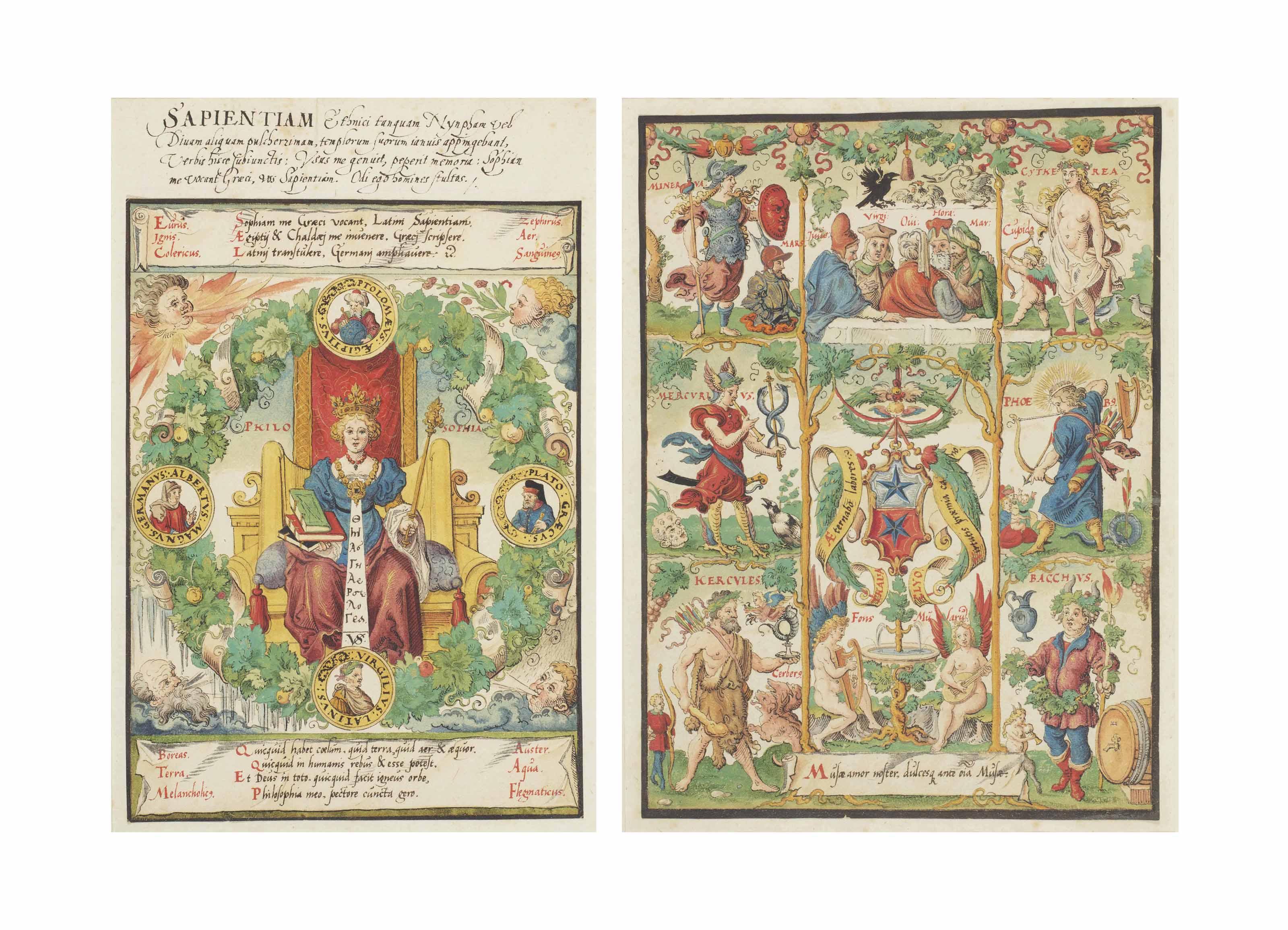 Virgil Solis - Philosophy Enthroned and Classical Allegory With The Arms Of The Ochsenfelder, Two Leaves, Manuscript and Drawing On Paper