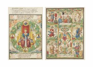 Virgil Solis - Philosophy Enthroned and Classical Allegory With The Arms Of The Ochsenfelder, Two Leaves, Manuscript and Drawing On Paper