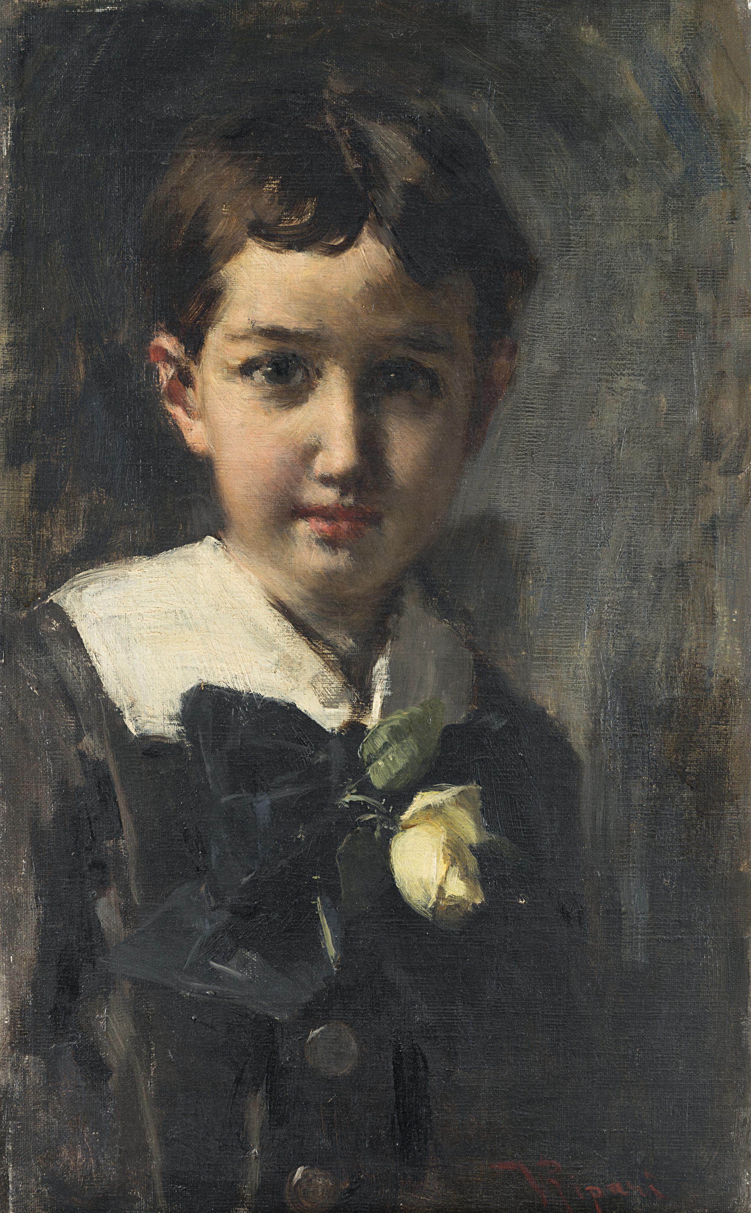 Virgilio Ripari - Bimbo con grembiule e rosa bianca