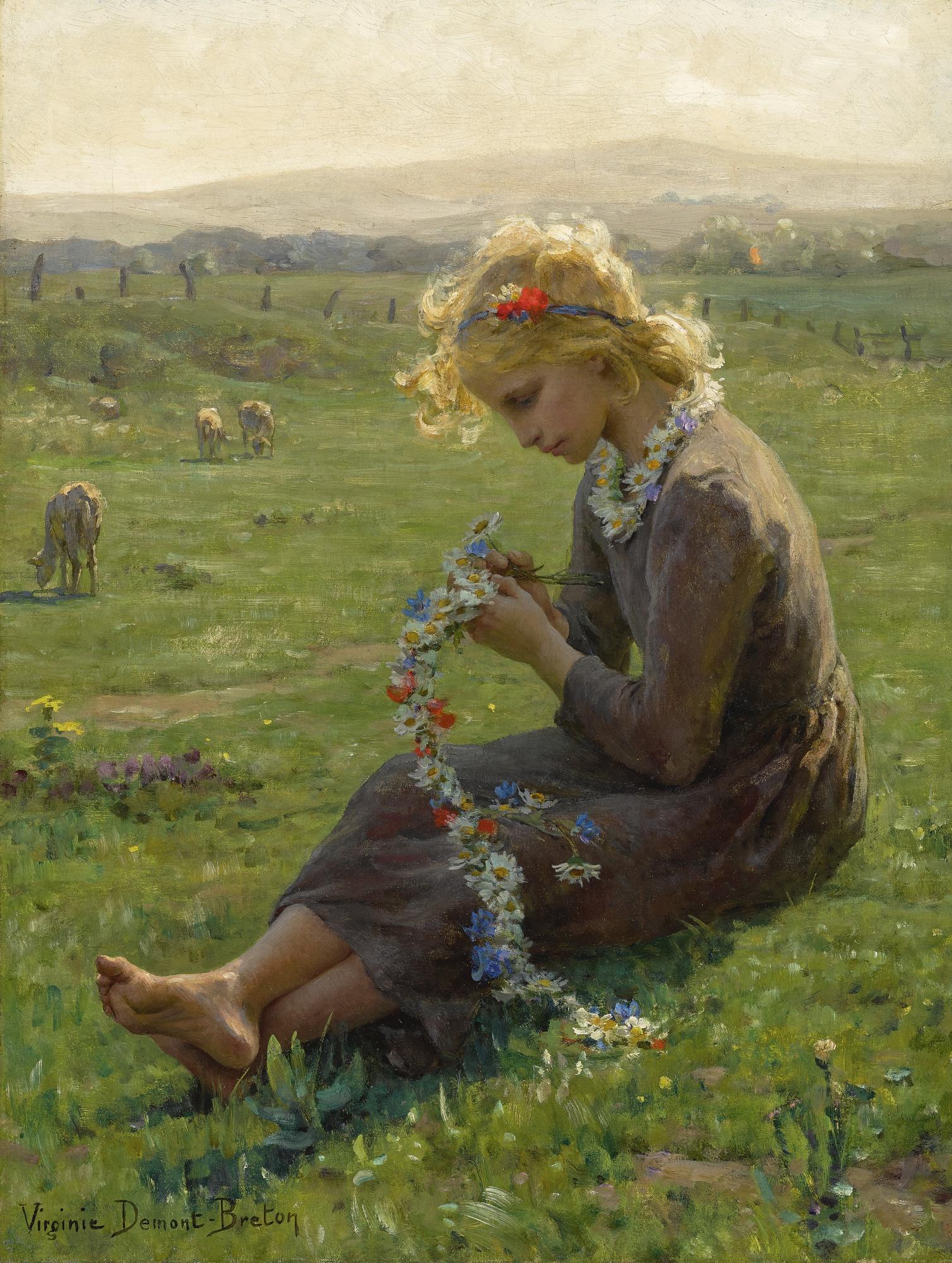 Virginie Demont-Breton - French Fillette À La Guirlande De Fleurs Des Champs