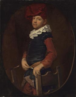 Vittore Ghislandi - Portrait of an artist, half-length, in a black vest and ruff with a red turban, before an easle, in a feigned oval
