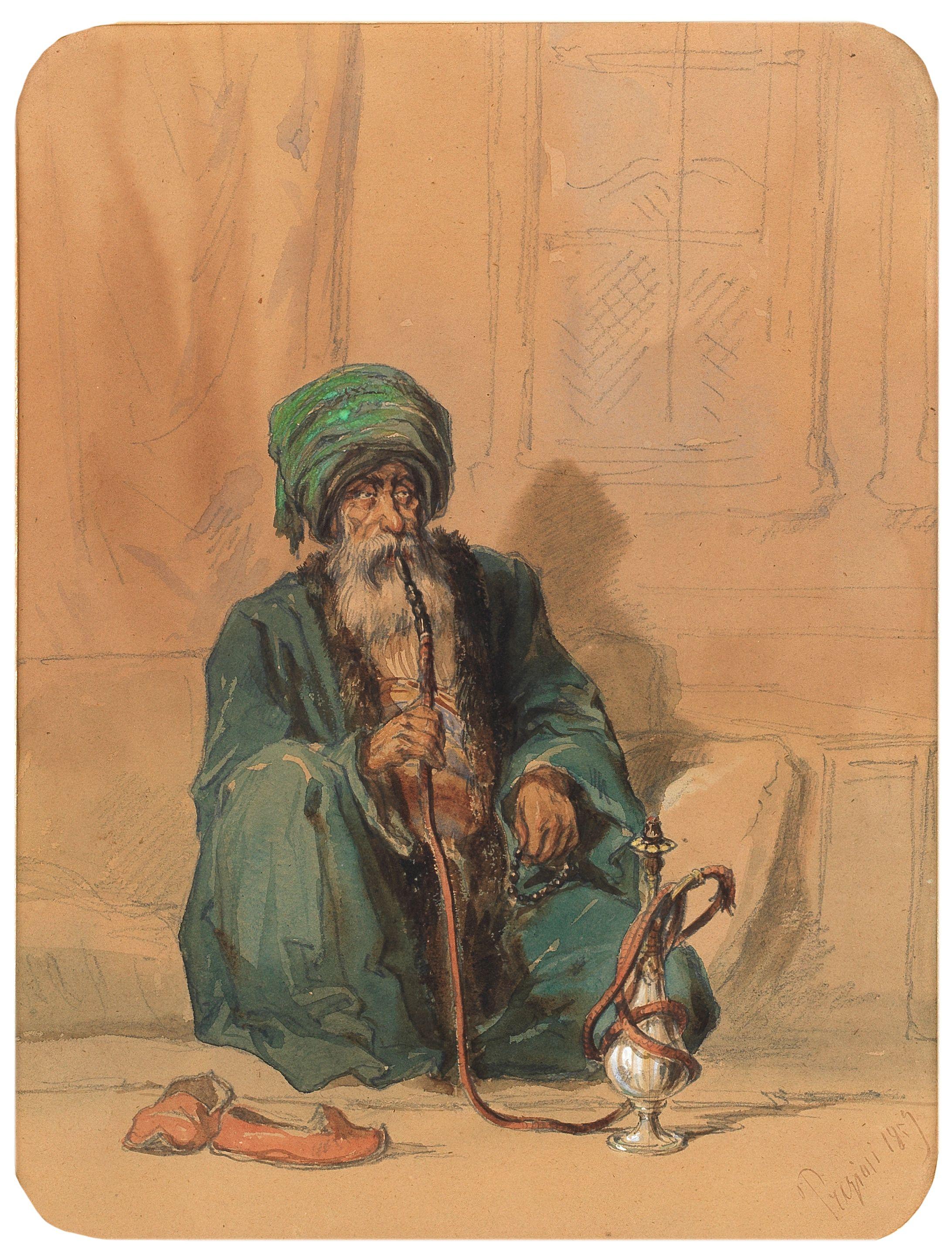 Vittorio Amadeo Preziosi - Study of an elderly man smoking narghile