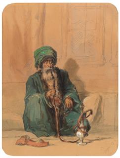 Vittorio Amadeo Preziosi - Study of an elderly man smoking narghile
