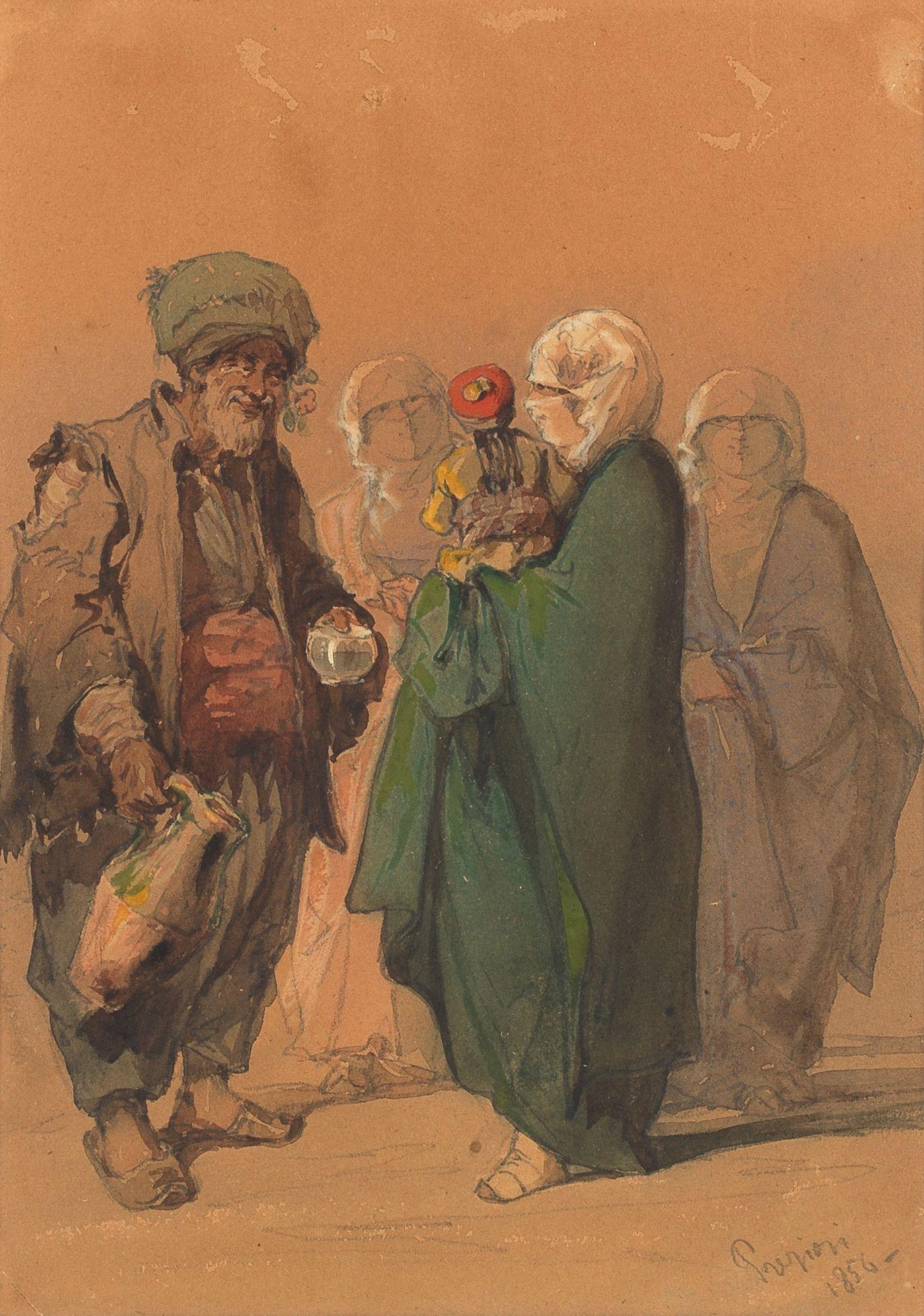 Vittorio Amadeo Preziosi - The wine seller. Together with three similar watercolours by the same hand.