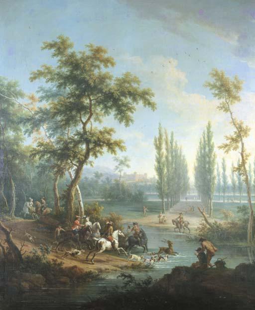 Vittorio Amedeo Cignaroli - Caccia al cervo in un paesaggio piemontese con un castello nello sfondo