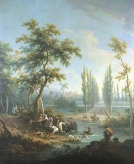 Vittorio Amedeo Cignaroli - Caccia al cervo in un paesaggio piemontese con un castello nello sfondo