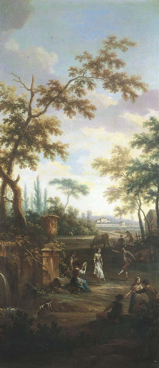 Vittorio Amedeo Cignaroli - Contadini che suonano e ballano il saltarello in un paesaggio piemontese con una villa nello sfondo
